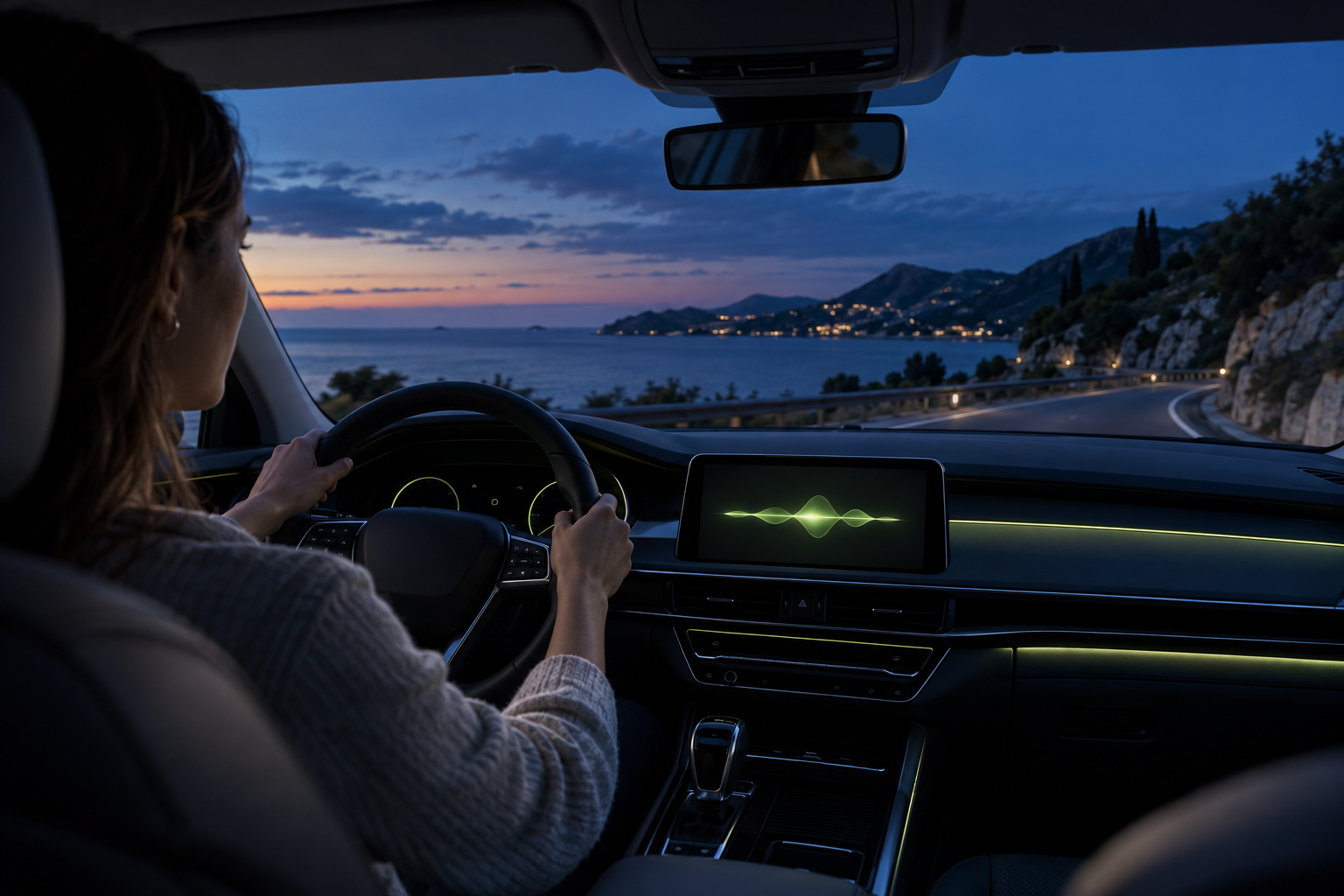 Driver seated on the left side of a car, safely learning by audio on a coastal road